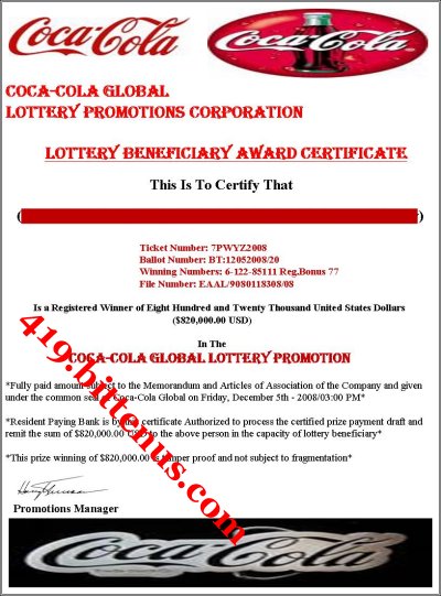 Coca Cola Lottery Winning Certificates (419 fraud)